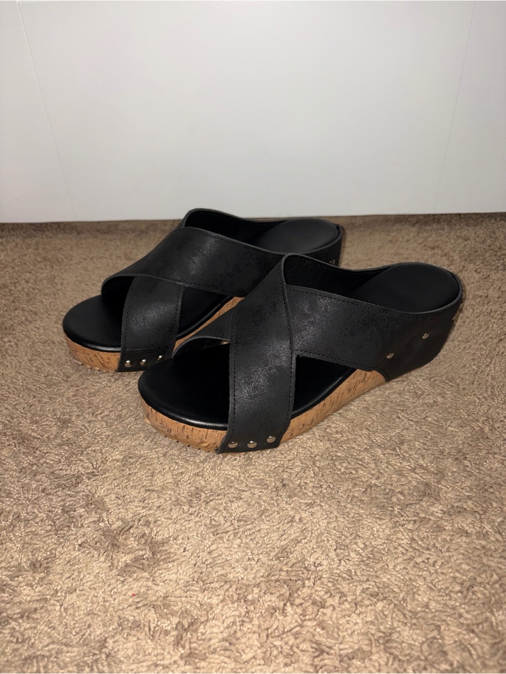 Women's Black Cork Wedge Slide Sandals